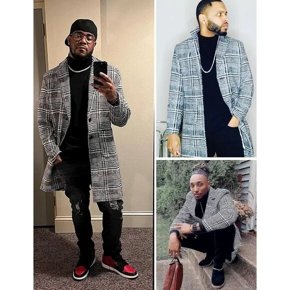 Men's Black And White Wool Blend Pea Coat Warm Winter Trench Coat